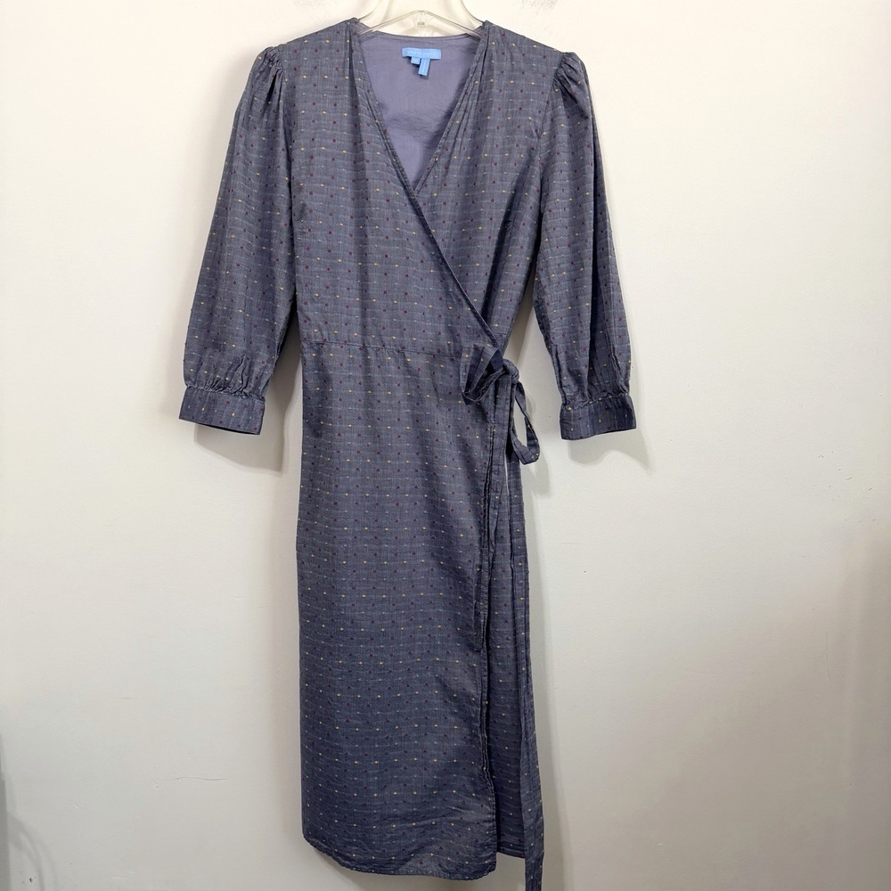 Draper James Dress 10 Chambray Embroidered Dot Wrap Preppy Classic Blue 3/4 Slv